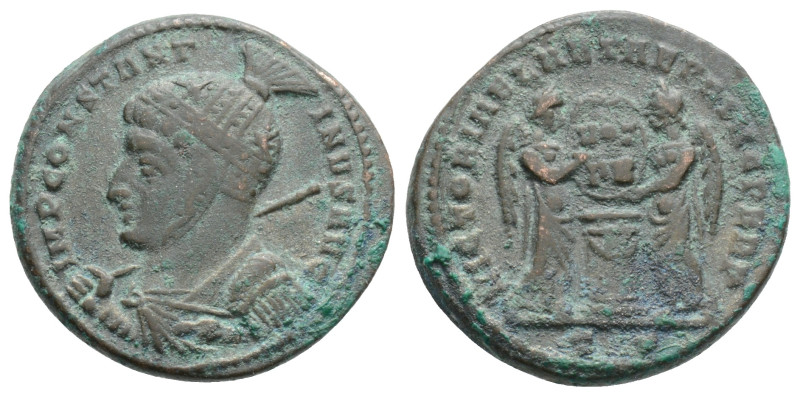 Constantine I Æ Nummus. Ticinum, AD 318-319. IMP CONSTANTINVS AVG, cuirassed bus...