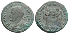 Constantine I Æ Nummus. Ticinum, AD 318-319. IMP CONSTANTINVS AVG, cuirassed bust left, wearing high-crested helmet, with spear across right shoulder ...