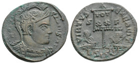 Constantine I Æ Follis. Siscia, AD 320. Helmeted and cuirassed bust right / Two captives seated at base of banner inscribed VOT X in two lines; S-F ac...