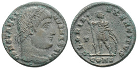Constantine I Æ Nummus. Constantinople, AD 327. CONSTANTINVS MAX AVG, laureate bust right / GLORIA EXERCITVS, soldier standing left, looking right, re...