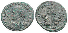 Crispus Æ Nummus. Siscia, AD 317-326. IVL CRISPVS NOB CAES, laureate and cuirassed bust left, holding spear and shield / VIRTVS EXERCIT, standard with...