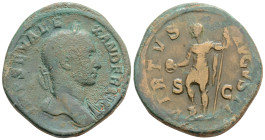 Severus Alexander, 222-235. Sestertius, 229 bust with l. . P M TRP VIII COS III PP/ SC Mars or Virtus n.l. standing on prora, holding spear and parazo...