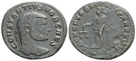 Constantius I, as Caesar, Æ Nummus. Treveri, AD 300-301. FL VAL CONSTANTIVS N C, laureate, cuirassed bust right / MONETA SACRA AVGG ET CAESS NN, Monet...