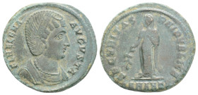 Helena Æ Nummus. Antioch, AD 328-329. FL HELENA AVGVSTA, diademed and mantled bust right, wearing necklace / SECVRITAS REIPVBLICE, Empress standing le...