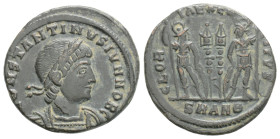 Constantine I Æ Nummus. Antioch, AD 330-335. CONSTANTINVS MAX AVG, diademed, draped and cuirassed bust right / GLORIA EXERCITVS / two soldiers standin...