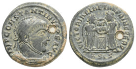 Constantine I Æ Nummus. Siscia, AD 318. IMP CONSTANTINVS PF AVG, helmeted, cuirassed bust left with spear over shoulder / VICTORIAE LAETAE PRINC PERP,...