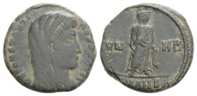 Divus Constantine I Æ Follis. Alexandria, AD 347-348. Veiled head right / VN-MR across field, Constantine, veiled, standing right; SMALB. 
1.9g 9.5mm