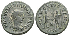 Numerian Æ Antoninianus. Cyzicus, AD 283-284. IMP C NVMERIANVS P F AVG, radiate, draped and cuirassed bust right / CLEMENTIA TEMP, Numerian standing r...