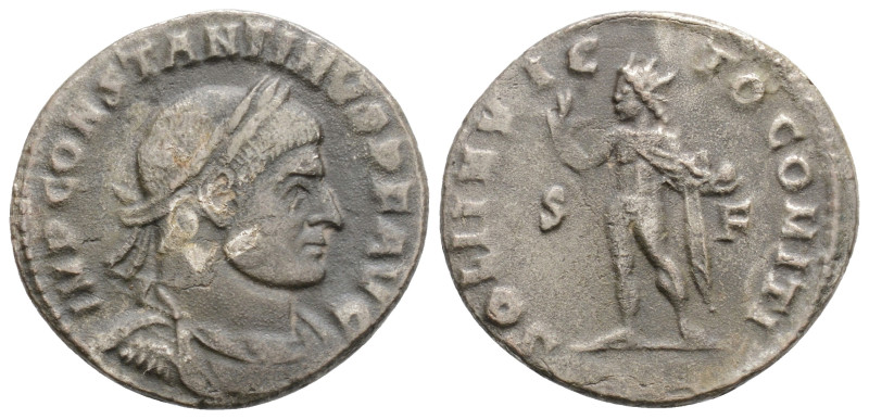 Constantine I Æ Nummus. Ticinum, AD 317-318. IMP CONSTANTINVS P F AVG, laureate,...