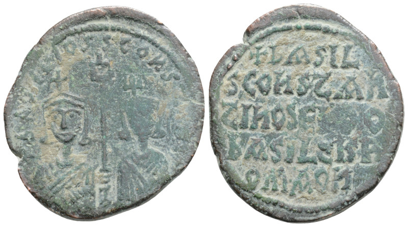 Constantine VII and Romanus I, with Zoe, Æ Follis. Constantinople, AD 914-919. +...