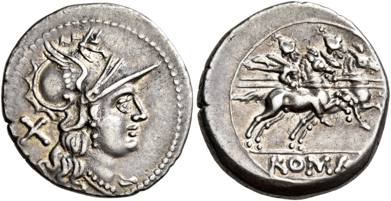 Sex. Quinctilius 

Denario circa 189-180, AR 3,87 g. Testa elmata di Roma a d....