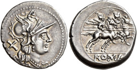 Sex. Quinctilius 

Denario circa 189-180, AR 3,87 g. Testa elmata di Roma a d.; dietro, X. Rv. I Dioscuri al galoppo verso d.; all’esergo, ROMA. Syd...