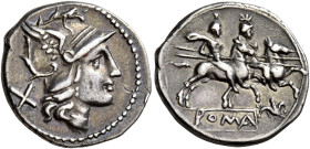 Denario circa 169-158, AR 3,83 g. Testa elmata di Roma a d.; dietro, X. Rv. I Dioscuri al galoppo verso d.; sotto, ROMA entro tavoletta e, a d., grifo...