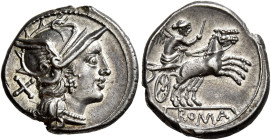 Denario circa 157-156, AR 3,50 g. Testa elmata di Roma a d.; dietro, X. Rv. Diana in biga al galoppo verso d.; all’esergo, ROMA. Sydenham 376. Crawfor...