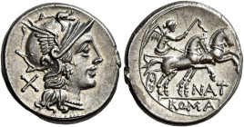 Pinarius Natta 

Denario circa 155, AR 4,16 g. Testa elmata di Roma a d.; dietro, X. Rv. La Vittoria in biga al galoppo verso d.; sotto, NAT e ROMA ...