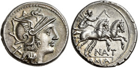 Pinarius Natta 

Denario circa 155, AR 3,95 g. Testa elmata di Roma a d.; dietro, X. Rv. La Vittoria in biga al galoppo verso d.; sotto, NAT e ROMA ...