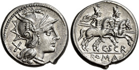 C. Scribonius 

Denario circa 154, AR 3,87 g. Testa elmata di Roma a d.; dietro, X. Rv. I Dioscuri al galoppo verso d.; sotto, C SCR e ROMA entro ta...
