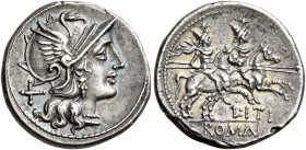 L. Iteius 

Denario circa 149, AR 3,31 g. Testa elmata di Roma a d.; dietro, X. Rv. I Dioscuri al galoppo verso d.; sotto, L ITI e ROMA entro tavole...