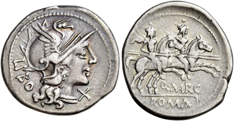 Q. Marcius Libo 

Denario circa 148, AR 3,93 g. Testa elmata di Roma a d.; die...