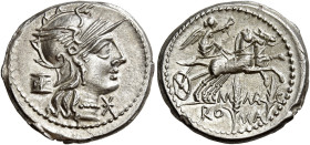 M. Marcius Mn. f. 

 Denario circa 134, AR 3,87 g. Testa elmata di roma a d.; dietro, modius e, sotto il mento, *. Rv. La Vittoria in biga al galopp...