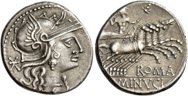 L. Minucius 

Denario circa 133, AR 3,85 g. Testa elmata di Roma a d.; dietro, *. Rv. Giove, con fulmine e scettro, in quadriga al galoppo verso d.;...