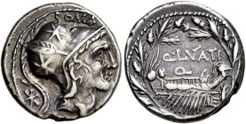 Q. Lutatius Cerco 

Denario circa 109-108, AR 3,97 g. CERCO Testa elmata di Roma a d., il casco ornato di una piuma e due stelle; dietro, *. Rv. Q L...