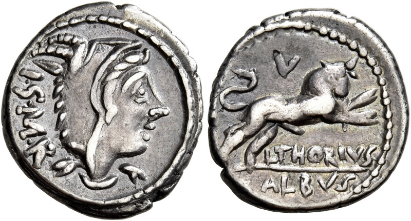 L. Thorius Balbus 

Denario circa 105, AR 3,92 g. Testa di Giunone Sospita a d...