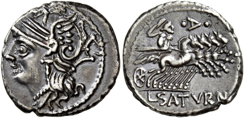 L. Appuleius Saturninus 

Denario circa 104, AR 3,94 g. Testa elmata di Roma a...