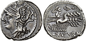 L. Appuleius Saturninus 

Denario circa 104, AR 3,94 g. Testa elmata di Roma a s. Rv. Giove, in quadriga al galoppo verso d., regge le redini ed una...