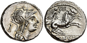 D. Iunius Silanus L f 

Denario circa 91, AR 3,90 g. Testa elmata di Roma a d.; dietro, I. Rv. La Vittoria in biga al galoppo verso d.; all’esergo, ...