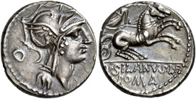 D. Iunius Silanus L f 

Denario circa 91, AR 3,99 g. Testa elmata di Roma a d.; dietro, cerchio?. Rv. La Vittoria in biga al galoppo verso d.; all’e...