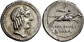 L. Calpurnius Piso Frugi 

Denario 90, AR 3,93 g. Testa laureata di Apollo a d.; sotto il mento, H. Rv. Cavaliere al galoppo verso d., con ramo di p...