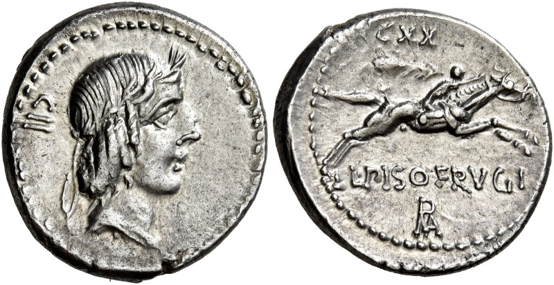 L. Calpurnius Piso Frugi 

Denario 90, AR 3,81 g. Testa laureata di Apollo a d...