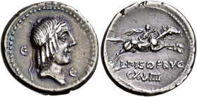L. Calpurnius Piso Frugi 

Denario 90, AR 3,88 g. Testa laureata di Apollo a d.; dietro, C· e, sotto il mento, C·. Rv. Cavaliere al galoppo verso d....