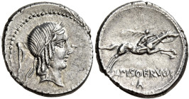 L. Calpurnius Piso Frugi 

Denario 90, AR 3,81 g. Testa laureata di Apollo, a d.; dietro, simbolo. Rv. Cavaliere al galoppo verso d., con ramo di pa...