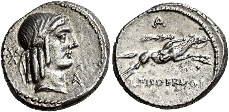 L. Calpurnius Piso Frugi 

Denario 90, AR 3,82 g. Testa laureata di Apollo a d...
