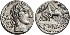 C. Vibius C. f. Pansa 

Denario circa 90, AR 3,81 g. PANSA Testa laureata di Apollo a d. Rv. Minerva, con lancia e trofeo, in quadriga al galoppo ve...