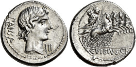 C. Vibius C. f. Pansa 

Denario circa 90, AR 3,89 g. PANSA Testa laureata di Apollo a d. Rv. Minerva, con lancia e trofeo, in quadriga al galoppo ve...