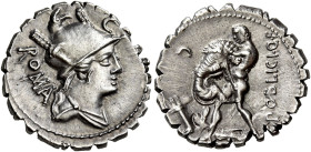 C. Poblicius Q. f 

Denario serrato 80, AR 3,84 g. ROMA Busto elmato e drappeggiato di Roma a d. Rv. C POBLICI Q F Ercole, a s., strangola il leone ...