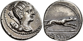 L. Postumius 

Denario 74, AR 3,94 g. Busto drappeggiato di Diana a d., con arco e faretra sulla spalla s. Rv. Cane da caccia in corsa verso d.; sot...