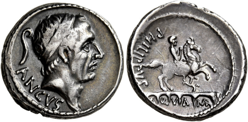 L. Marcius Philippus 

Denario 56, AR 3,89 g. ANCVS Testa diademata di Anco Ma...