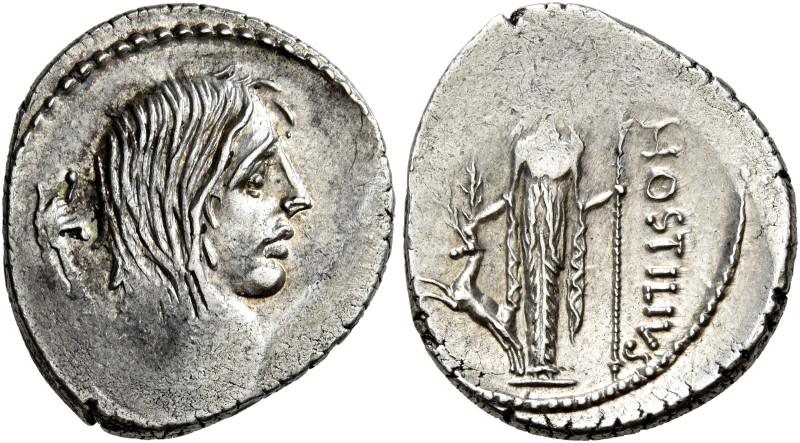 L. Hostilius SasernaD 

enario 48, AR 3,81 g. Testa muliebre a d.; dietro, car...