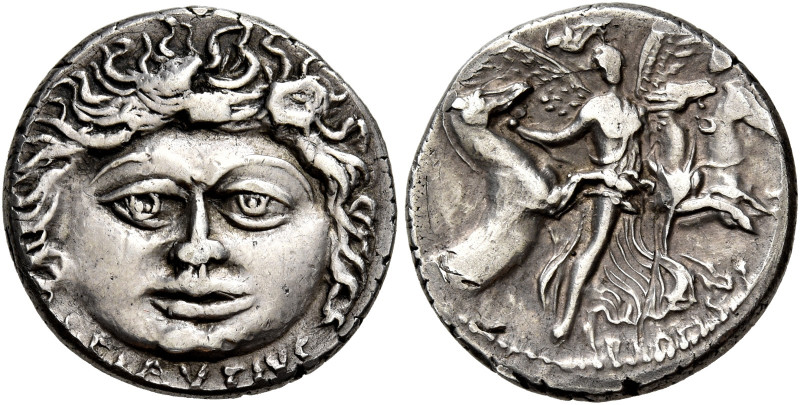 L. Plautius Plancus 

Denario 47, 3,81 g. Testa della Gorgona di fronte; sotto...