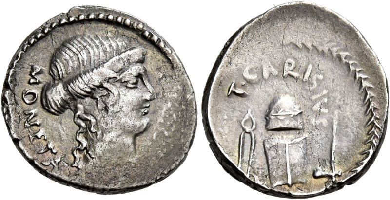 T. Carisius 

Denario 46, AR 3,67 g. MONETA Testa di Giunone Moneta a d. Rv. T...