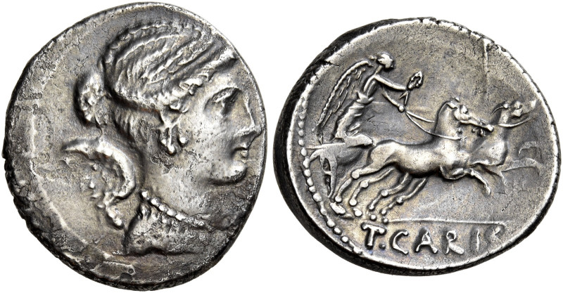 T. Carisius 

Denario 46, AR 3,70 g. S C Busto drappeggiato della Vittoria a d...