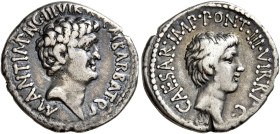 Marcus Antonius, Octavianus e M. Barbatius Pollio 

Denario, Efeso 41, AR 3,50 g. M ANT IMP AVG III VIR R P C M BARBAT Q P Testa nuda di M. Antonio ...