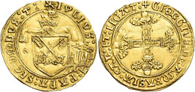 Avignone. Giulio II (Giuliano della Rovere), 1503-1513 

Scudo del sole, AV 3,43 g. Sole IVLIVS – PAPA SECVNDVS T Stemma sormontato da triregno, a d...