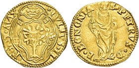 Bologna. Giulio II (Giuliano della Rovere), 1503-1513 

Ducato papale, AV 3,45 g. IVLIVS II – PONT MAX Stemma sormontato da triregno e chiavi decuss...