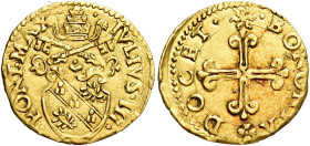 Bologna. Giulio III (Giovanni Maria Ciocchi del Monte), 1550-1555 

Mezzo scudo del sole, AV 1,67 g. IVLIVS III – PONT MAX Stemma sormontato da trir...