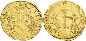 Bologna. Pio V (Antonio Ghislieri), 1566-1572 

Scudo del sole 1566-1567, AV 3,20 g. PIVS V – PONT MAX Stemma sormontato da triregno e chiavi decuss...